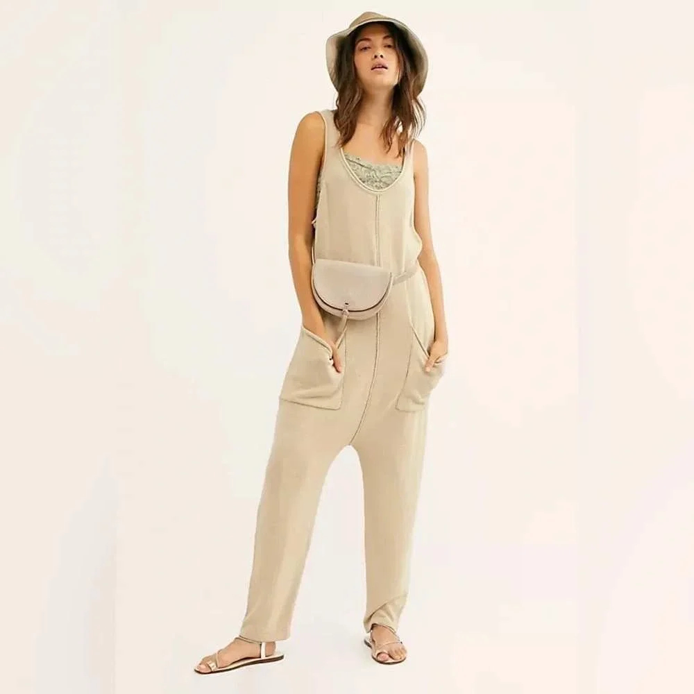 Free People Beach Jumpsuit Cotton Blend Women XL Beige Knit Overalls Boho Earthy